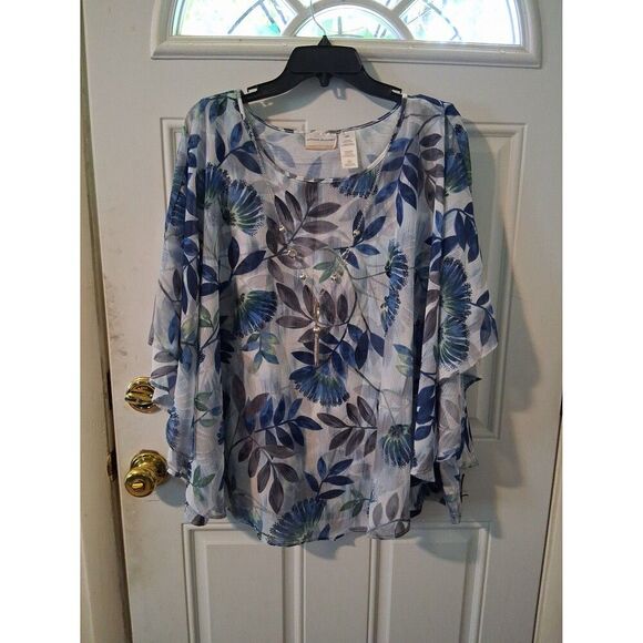 Alfred Dunner Top 22W Tank w/attached Sheer Poncho & Silver Necklace - Picture 2 of 9